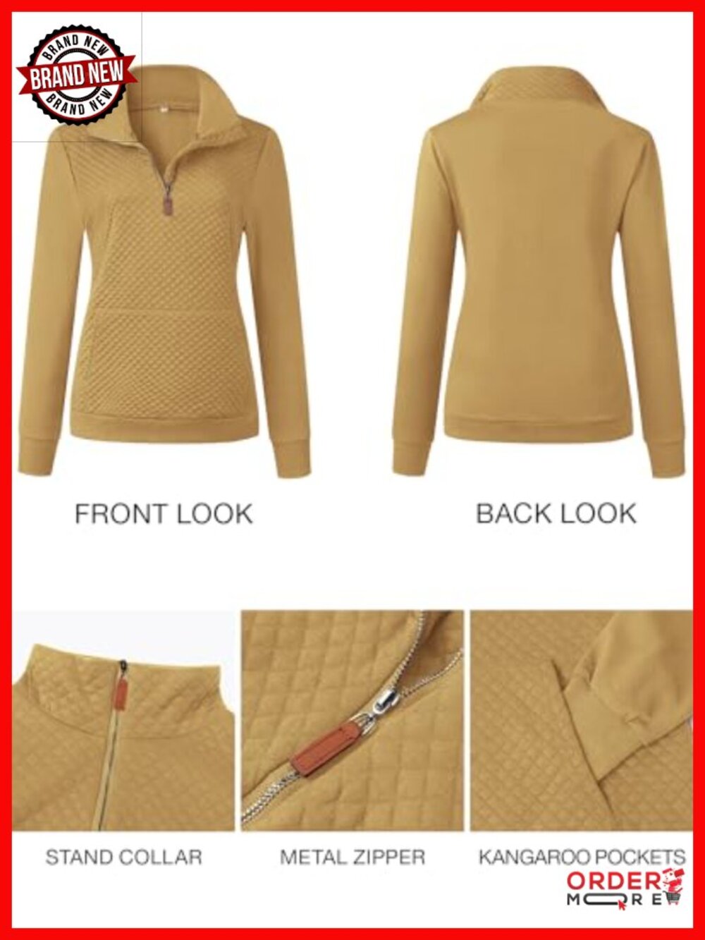 Women's Quarter Zip Quilted Sweatshirt Long Sleeve Pullover Kangaroo Pocket - Picture 4 of 6